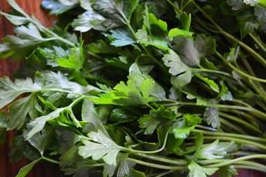 Yeşil yıkanmış taze maydanoz Demetleri ahşap bir mutfak tahtası üzerine serilir.