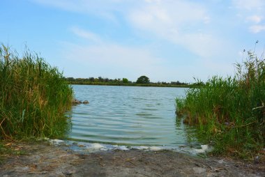 Pitoresk dik bankalar ve sahil, ağaçlar, yeşillikve zengin gökyüzü ile Samara Nehri güzel bir görünüm. Konut emlak parlak ve unutulmaz doğa, Shevchenko, Dnipro, Ukrayna.
