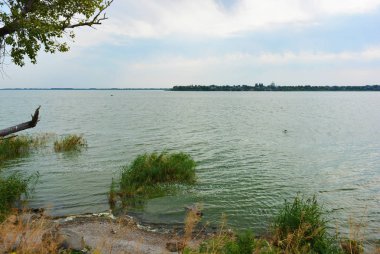 Pitoresk dik bankalar ve sahil, ağaçlar, yeşillikve zengin gökyüzü ile Samara Nehri güzel bir görünüm. Konut emlak parlak ve unutulmaz doğa, Shevchenko, Dnipro, Ukrayna.