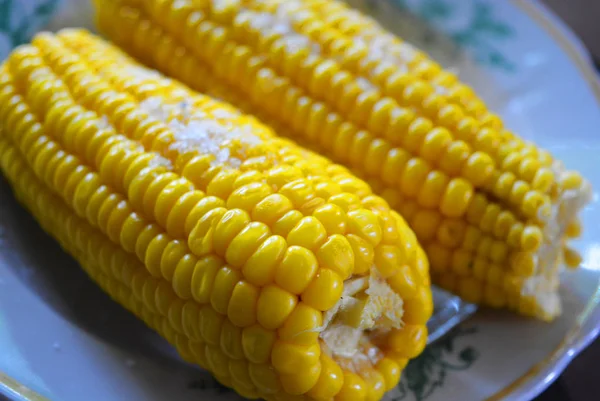 맛있는 노란색 옥수수와 소금의 접시에 — 스톡 사진