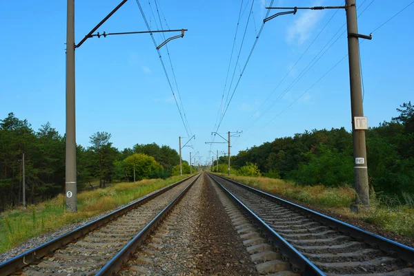 Demiryolu, demiryolu ve elektrikli araçlar için elektrik hatları, mavi gökyüzü, bulutlar ile iğne yapraklı ormanlar boyunca yatan elektrikli trenler. Severny konut emlak altyapısı, Dnipro, Ukrayna.