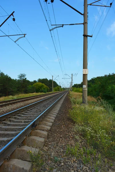 Järnvägsspår Järnväg Och Elkraft Ledningar För Elfordon Elektriska Tåg Som — Stockfoto