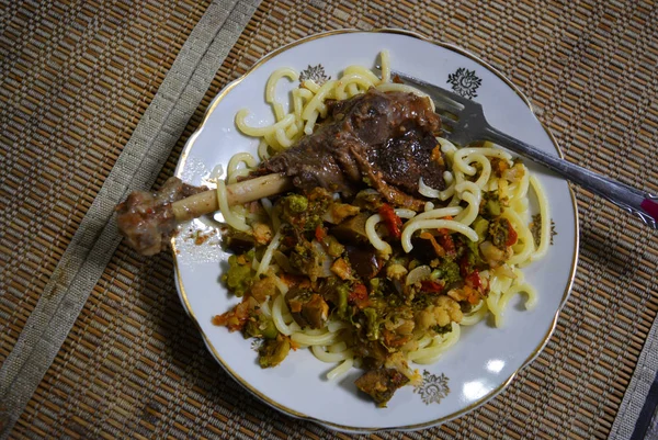 Delicious Ukrainian Homemade Food Main Course Braised Leg Domestic Goose — Stock Photo, Image