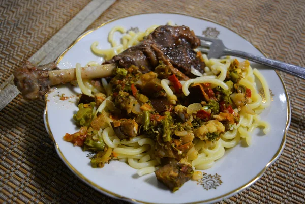 Delicious Ukrainian Homemade Food Main Course Braised Leg Domestic Goose — Stock Photo, Image