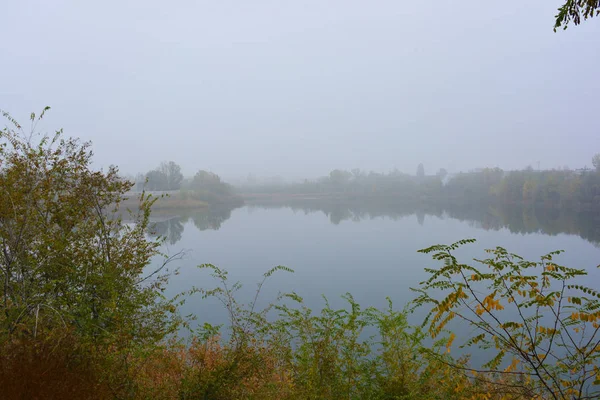 Beautiful Landscape Autumnal Nature White Dense Fog Career Lake Dnipro — Stock Photo, Image