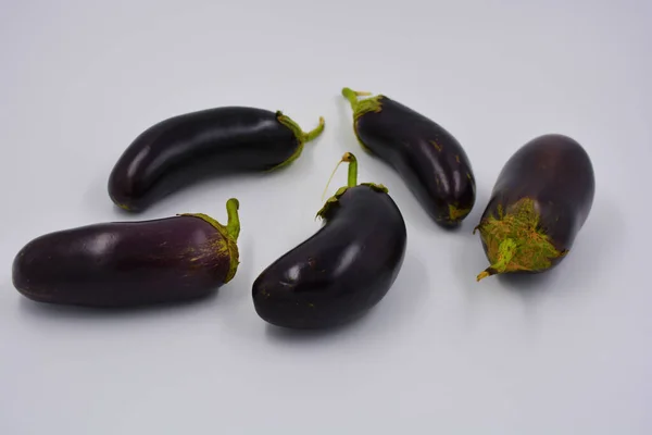 Verse Blauwe Paarse Aubergines Onlangs Geplukt Gerangschikt Een Matwitte Achtergrond — Stockfoto