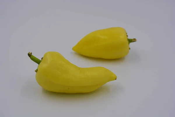 Dvě Papriky Horké Sladké Křupavé Papriky Jsou Uspořádány Bílém Pozadí — Stock fotografie
