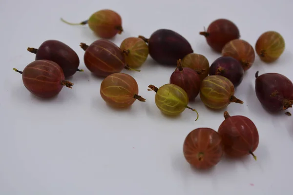 Delicious Ripe Fruits Red Juicy Gooseberries Arranged Handful White Matte — Stock Photo, Image