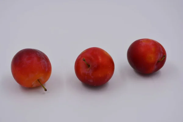 Τρία Ώριμα Φρούτα Από Ένα Μεγάλο Επιδόρπιο Δαμάσκηνο Κεράσι Μια — Φωτογραφία Αρχείου