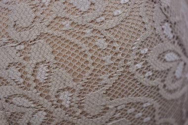 Güzel, çekici bej dantel, zarif ve alışılmadık kumaş beyaz bir arka planda yer almaktadır..