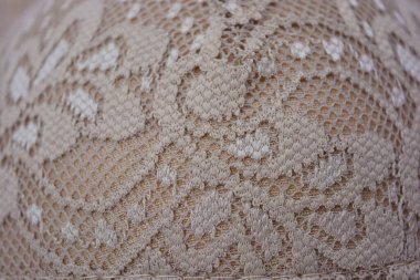 Güzel, çekici bej dantel, zarif ve alışılmadık kumaş beyaz bir arka planda yer almaktadır..