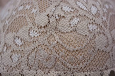 Güzel, çekici bej dantel, zarif ve alışılmadık kumaş beyaz bir arka planda yer almaktadır..