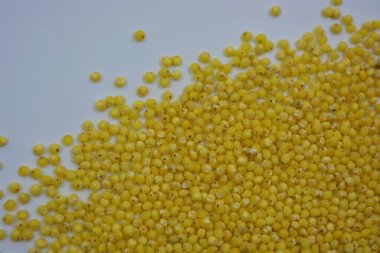 Çok sağlıklı ve kullanışlı homurtular, beyaz bir arka plana saçılmış sarı darılar. Bu mısır gevreğindeki yulaf lapası vücuttaki toksinleri temizler..