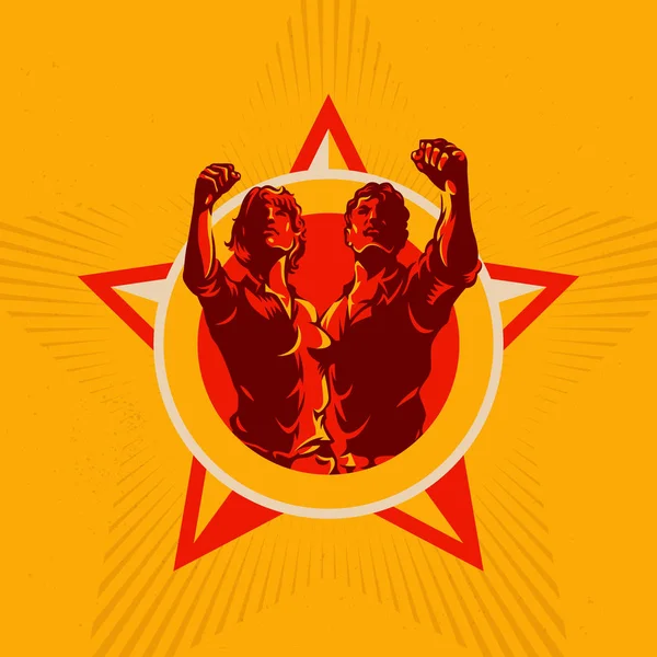 Hombres Mujeres Emblema Revolución Estilo Fondo Propaganda Puño Protesta Diseño — Vector de stock