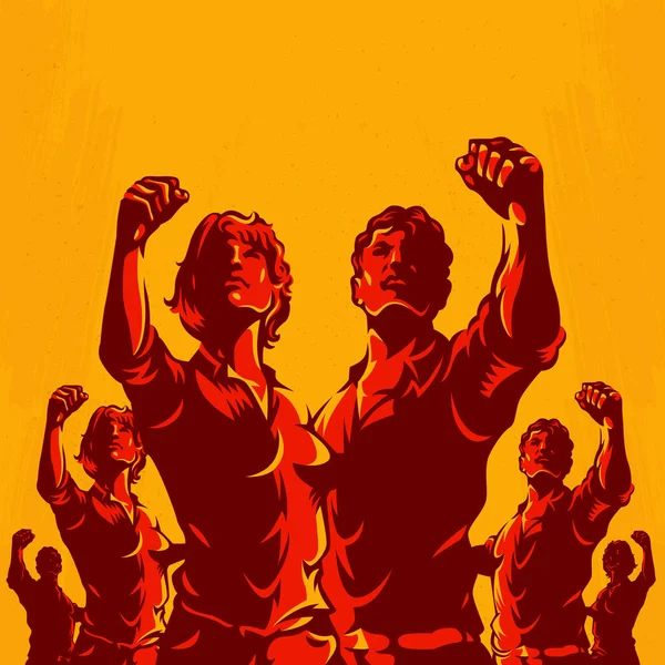 Erkek ve kadın devrimi Poster Propaganda arka plan stili. Protesto yumruk. Retro devrim poster tasarımı.