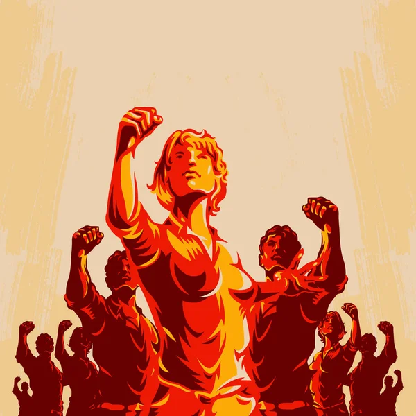 Multitud Protesta Puño Revolución Diseño Póster Líder Mujeres Frente Una — Archivo Imágenes Vectoriales