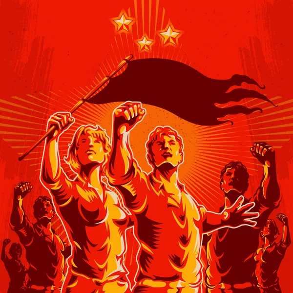 Σχεδιασμός Αφίσας Επανάσταση Γροθιά Πλήθος Διαμαρτυρία Άνδρες Και Γυναίκες Ηγέτης — Διανυσματικό Αρχείο