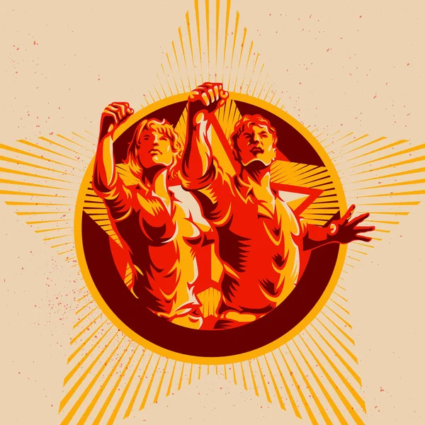 Erkek ve kadın devrimi Poster Propaganda arka plan stili. Protesto yumruk. Retro devrim poster tasarımı.