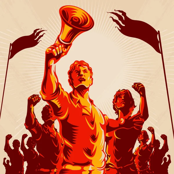 Manifestation Populaire Poing Révolution Poster Design Homme Leader Devant Une — Image vectorielle