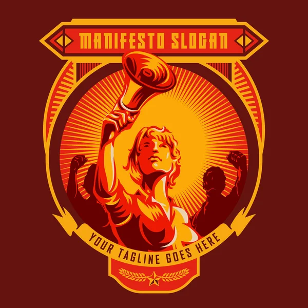 手持扩音器的妇女革命徽章 宣传风格 抗议拳头 复古革命海报设计 — 图库矢量图片