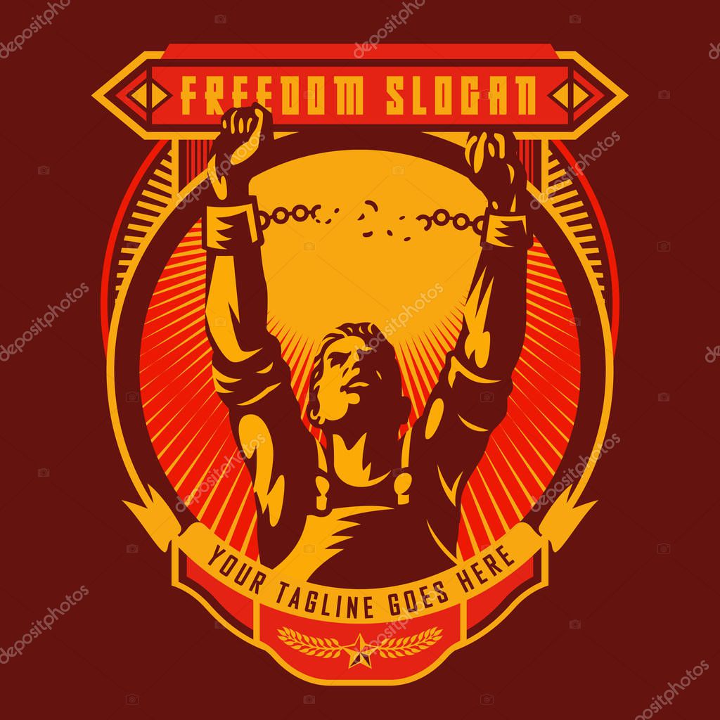 Revolution union badge of Broken handcuff Freedom concept. Two hands clenched in a fist tearing chains that they shackled. Revolution of freedom symbol.