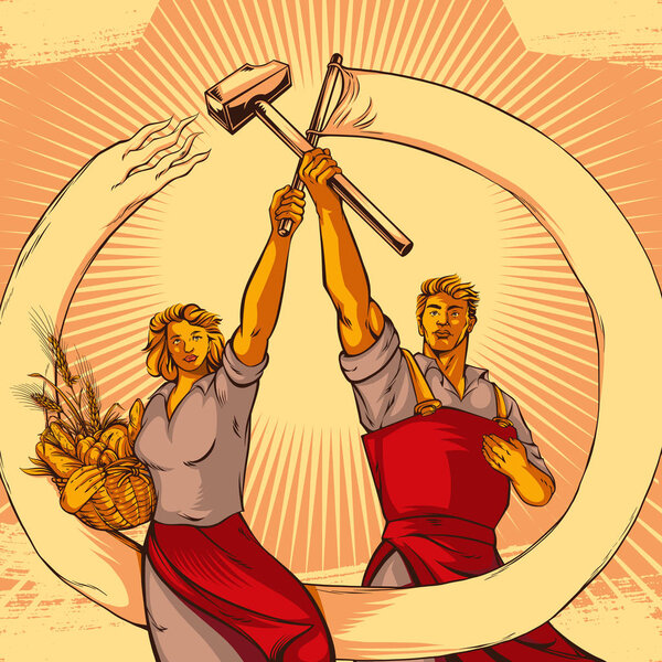 Винтажный пропагандистский стиль пара векторных иллюстраций. Работа и равенство. Стилизация плакатов ретро-советской пропаганды
