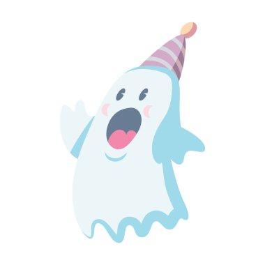 Sevimli hayalet karakteri parti şapka vektör çizim, Cadılar Bayramı tatil kavramı