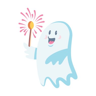 Sevimli hayalet karakteri havai fişek vektör çizim, Cadılar Bayramı tatil kavramı ile