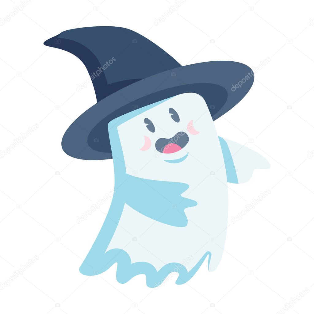 Cute ghost character in witch hat vector illustration, Halloween holiday concept