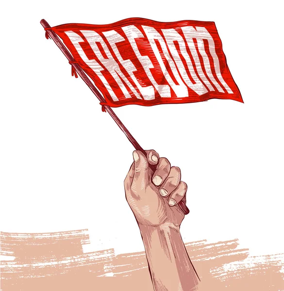 Hand Holding Red Flag Word Freedom White Background — Stock Vector