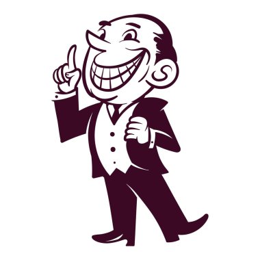 Retro ticari sanat. onun parmak işaret ve göğsünü dışarı ve gülümseyen büyük alay işadamı vektör grafiği