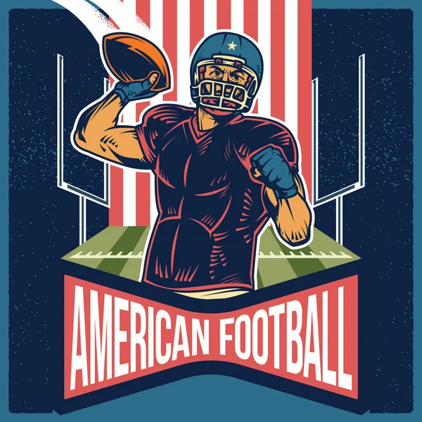 アメリカン フットボール プレーヤーが投げるボールのベクトル図のレトロなポスター 芸術家の孤立したオブジェクト テールゲート パーティーに適した サッカー招待と印刷メディアの必要性 — ストックベクタ