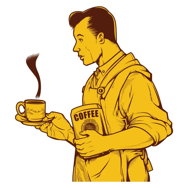 Vector Εικονογράφηση Του Ανθρώπου Που Σερβίρει Καφέ Εκλεκτής Ποιότητας Καφέ — Διανυσματικό Αρχείο