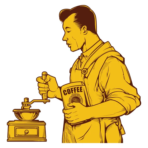 Vektorillustration Des Menschen Der Kaffee Mit Pfeffermühlen Mahlt Vintage Kaffeetintenzeichnung — Stockvektor
