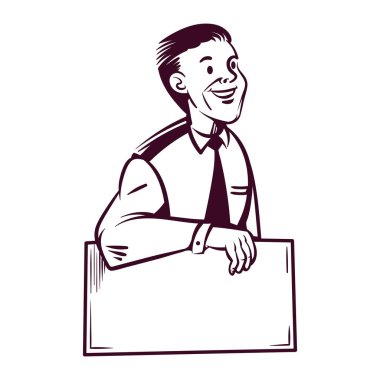 Retro ticari sanat. vektör grafiği boş bir işaret elinde tutan işadamı