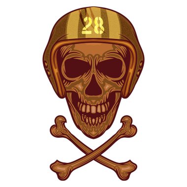 motorcu kafatası baş Vintage motosiklet kask ve izole kemiklerin vektör retro çizim