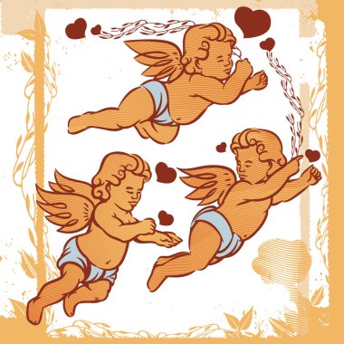 Vintage şirin Cupids veya amour melekler yürekleri. El vektör çizim çekilmiş. İzole sanat nesnesi. Uygun ve herhangi bir yazdırma medyasına.