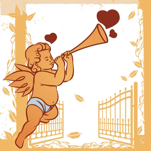 Vintage Cute Cupido Ángeles Amor Con Corazones Ilustración Vectorial Dibujada — Vector de stock