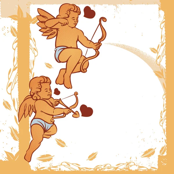 Vintage Lindos Cupidos Ángeles Amor Con Corazones Ilustración Vectorial Dibujada — Vector de stock