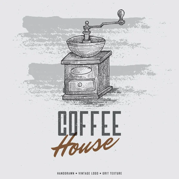Vintage Kézzel Rajzolt Kávédaráló Logó Coffee Mill Gravírozás Illusztráció — Stock Vector