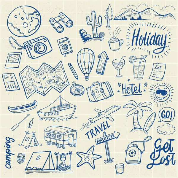 Vakantie Reizen Pictogrammen Doodles — Stockvector