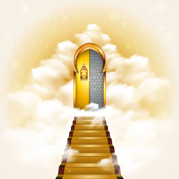 Escalera Puerta Del Cielo Ramadán Kareem Concepto Ilustración Con Linterna — Vector de stock