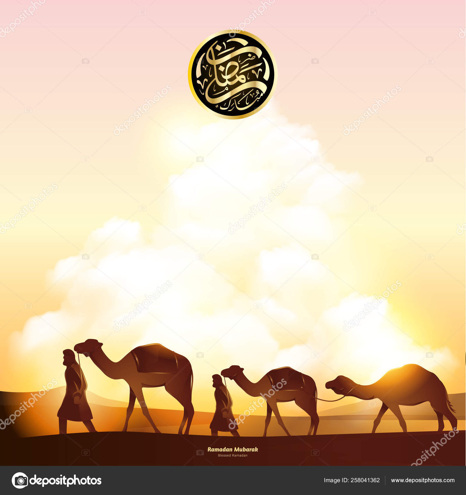 イスラム風景アラビアの背景 砂漠の砂丘のイラストでベドウィンと イスラム風景アラビアの背景 砂漠の砂丘のイラストでベドウィンと