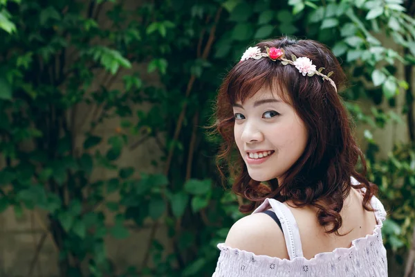 Young Pretty Asian Woman Flower Headband — Stock Photo, Image