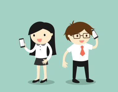 İş kavramı, iş kadını ve işadamı smartphone kullanıyorsunuz. Vektör çizim.