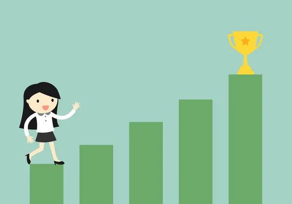 ビジネス コンセプトは ビジネスの女性ゴールド カップに階段を登るします ベクトル図 — ストックベクタ