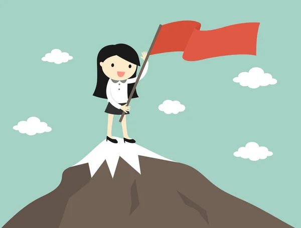 Concepto Negocio Mujer Negocios Con Bandera Roja Cima Montaña Ilustración — Vector de stock