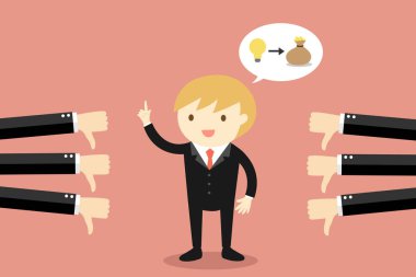 İş kavramı, işadamı fikri sunuyor ama kötü geribildirim alır. Vektör çizim.