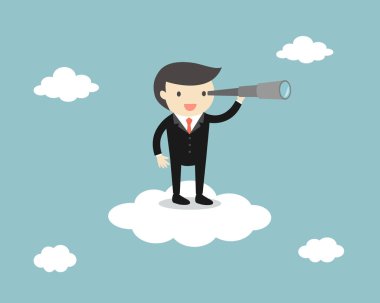 Bulut üzerinde bir teleskop ile ayakta iş adamı. Vektör çizim.