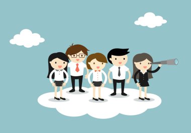 Group of business people standing on the cloud following boss who using a telescope. Vector illustration. clipart